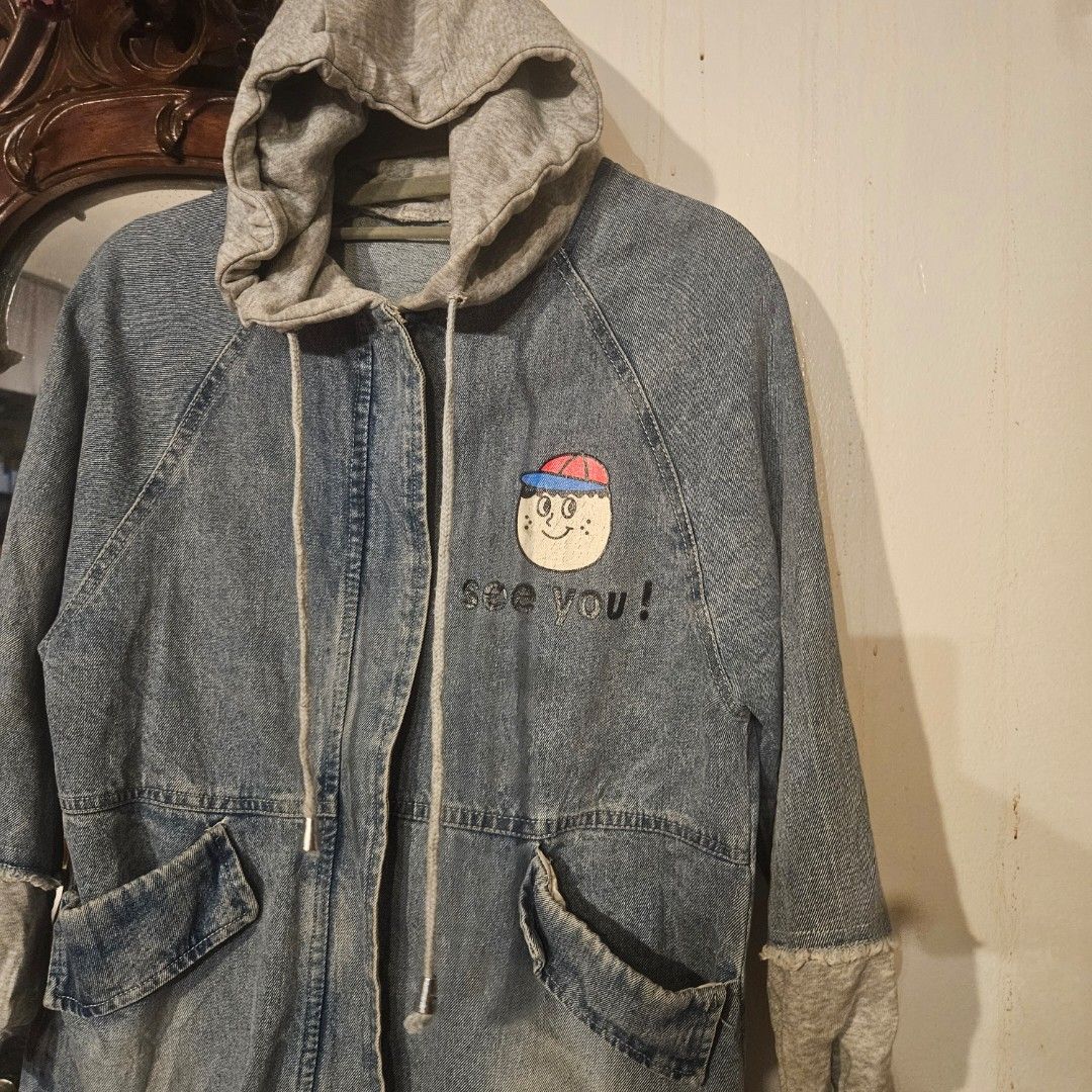 PRE-LOVED JACKETS — FOR HIM OR HER! ✨🧥 (Category: Coats, Jackets and Outerwear) located in Manila. Submitted by smartluxeph (Listing ID 1459916938, Image 3). Description: 🧥✨ PRE-LOVED JACKETS — FOR HIM OR HER! ✨🧥 1️⃣ DENIM HOODED JACKET — ₱350 📏 Size: L — oversized/relaxed fit 💙 Washed denim body with contrasting gray hoodie + sleeves 🧢 Cute embroidered “see you!” character detail on the chest 🩶 Gray hood with drawstrings + matching knit c