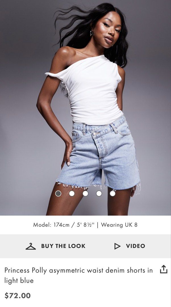 Princess Polly Asymmetrical Denim Shorts (Category: Shorts) located in Makati City. Submitted by dmazing (Listing ID 1459985541, Image 1). Description: good as new! bought here from carousell lang din but didn’t get the chance to use it. denim feels really nice in person, would rather keep than sell super low :( waist: 28 inches length: 14 inches.