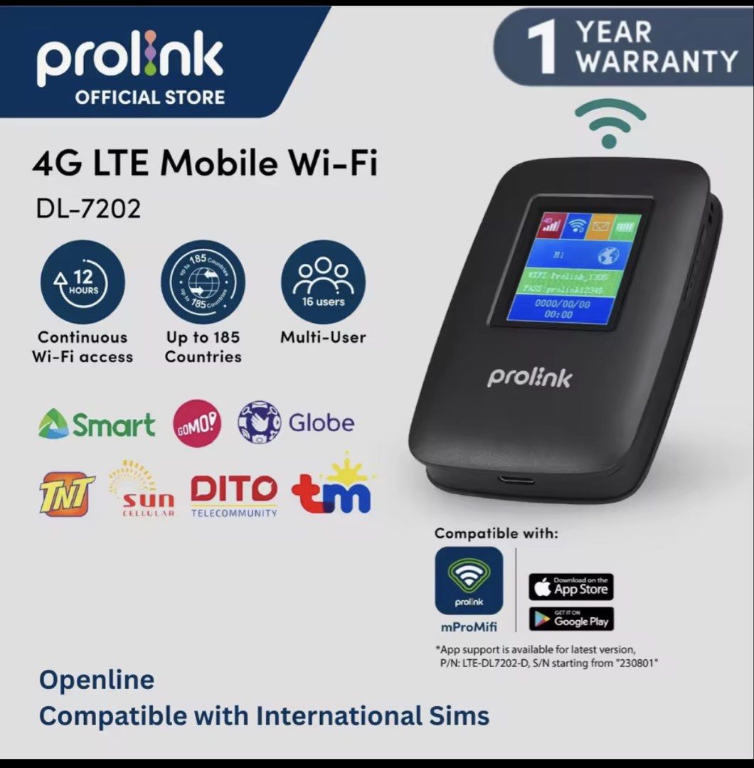 Prolink DL-7202 4G LTE Mobile Wi-Fi Hotspot (Category: Other Gadgets) located in Imus. Submitted by roshyel (Listing ID 1459933666, Image 1). Description: - Prolink DL-7202 4G LTE Mobile Wi-Fi - Connect up to 16 devices - Wi-Fi hotspot up to 300Mbps - Up to 12 hours battery life (3000mAh) - Compact and travel-friendly - Supports up to 185 countries - Auto APN detection for international SIMs - Includes USB cable.