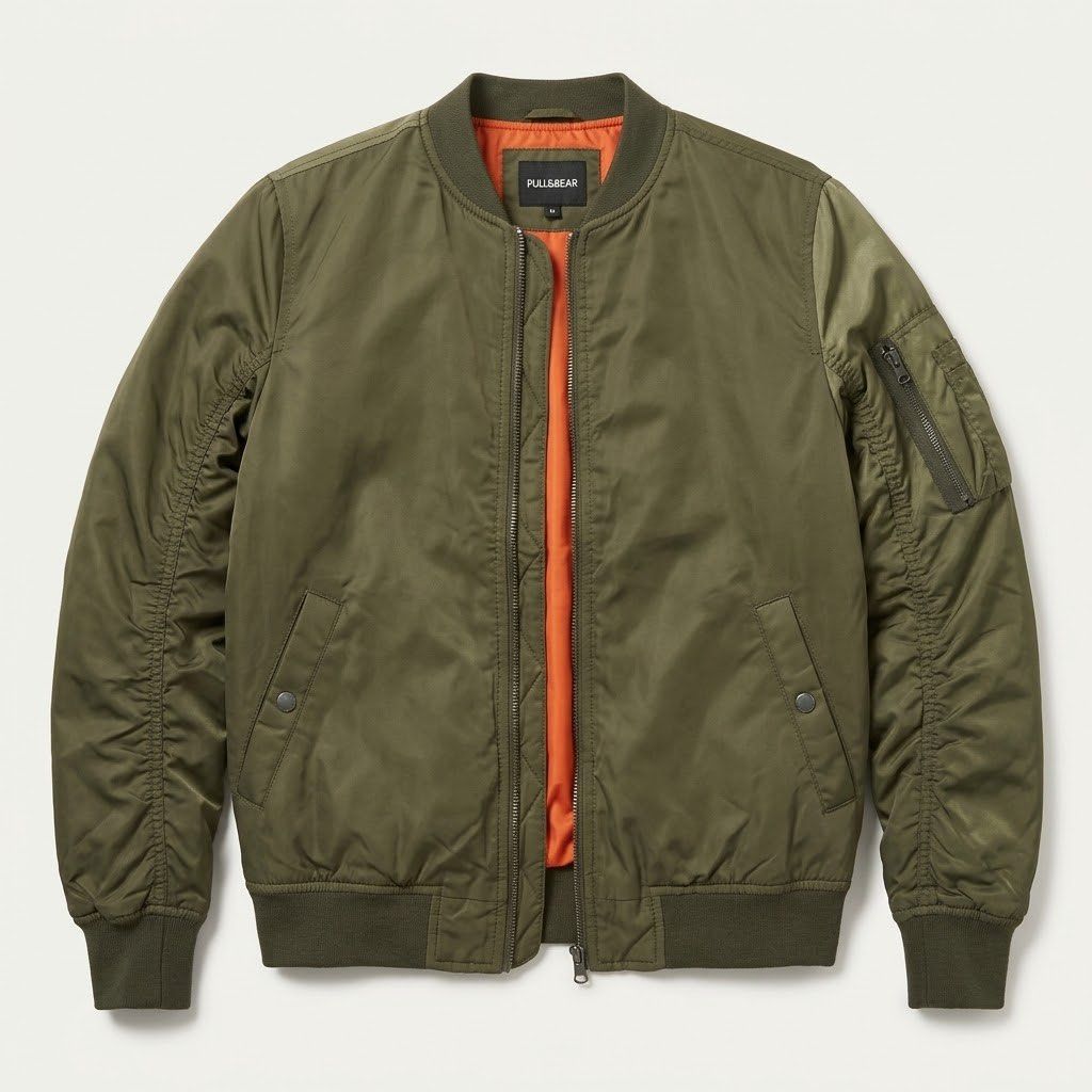 Pull&Bear Olive Green Bomber Jacket (Category: Coats, Jackets and Outerwear) located in Pasig City. Submitted by jc_mag (Listing ID 1460041461, Image 1). Description: - Olive green bomber jacket from Pull&Bear - Size: Medium (M) - Vibrant orange lining - Convenient zippered pocket on the sleeve - Classic ribbed collar, cuffs, and hem - Two front pockets with snap button closure.