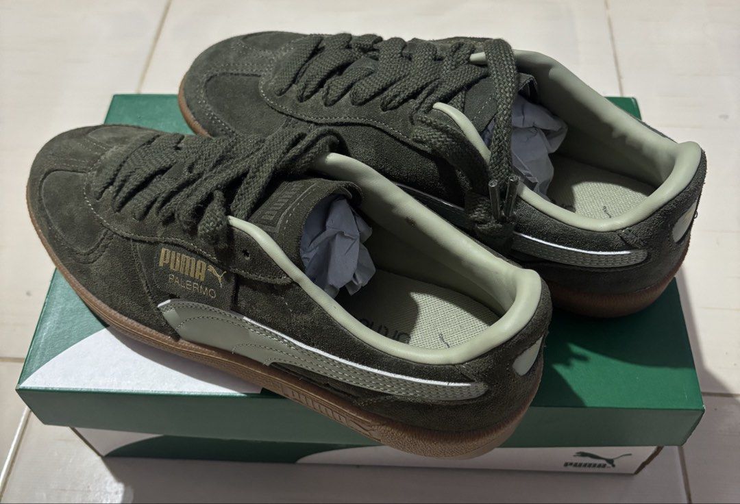 Puma Palermo Suede Sneakers - Dark olive (Category: Sneakers) located in Makati City. Submitted by estrogeneater (Listing ID 1459914917, Image 1). Description: - Brand new - Classic Puma Palermo sneakers - Stylish olive green suede material - Includes original box - Have receipt.