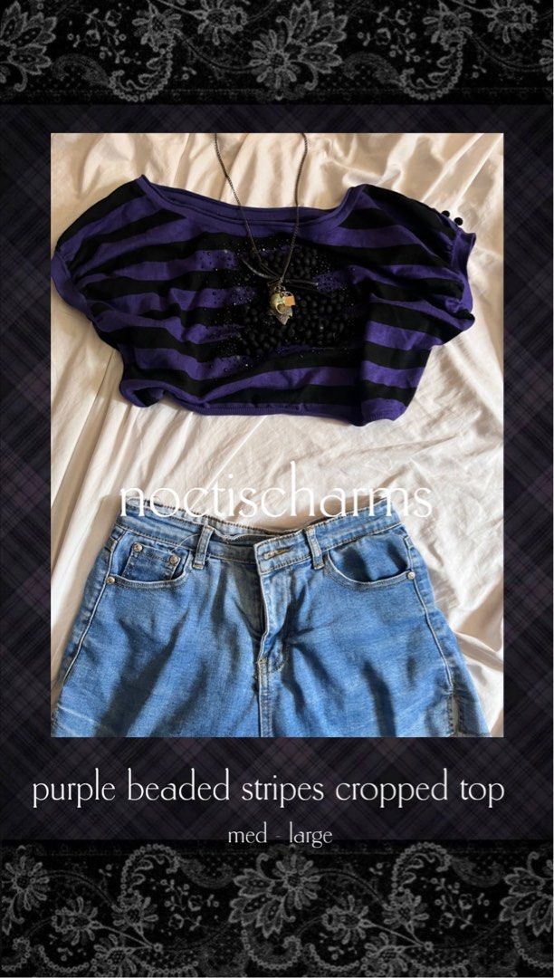 Purple Black Striped Beaded Cropped Top (Category: Blouses) located in Manila. Submitted by noctischarms (Listing ID 1460008778, Image 1). Description: - Cute purple and black striped cropped top size medium no issues.. what u see is what u get dm for ww pics~ 🩶.