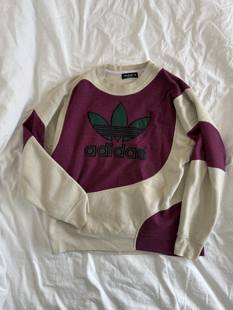 rare reworked adidas sweater (Category: Longsleeves) located in Mandaluyong City. Submitted by outofstoragewtf (Listing ID 1459989424, Image 1). Description: - bought from LA for 7k - size xs - s will fit Vintage Adidas colorblock sweatshirt in a washed burgundy, cream, and forest green palette. Features an oversized trefoil logo at the front, contrast panel construction, and a relaxed slouchy fit. .