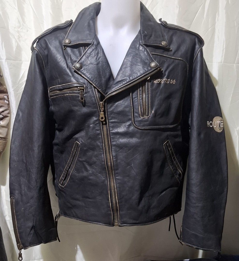 Rare Vintage Route 66 biker jacket (Category: Coats, Jackets and Outerwear) located in Baguio. Submitted by thriftrot (Listing ID 1459906498, Image 1). Description: thick and tough cowhide leather still in good condition signs of usage no tear,rip,holes or cracks xxl on tag dimesnon photos loc. baguio add shipping fee.