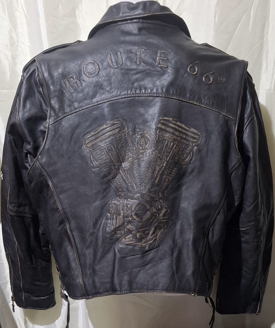 Rare Vintage Route 66 biker jacket (Category: Coats, Jackets and Outerwear) located in Baguio. Submitted by thriftrot (Listing ID 1459906498, Image 2). Description: thick and tough cowhide leather still in good condition signs of usage no tear,rip,holes or cracks xxl on tag dimesnon photos loc. baguio add shipping fee.