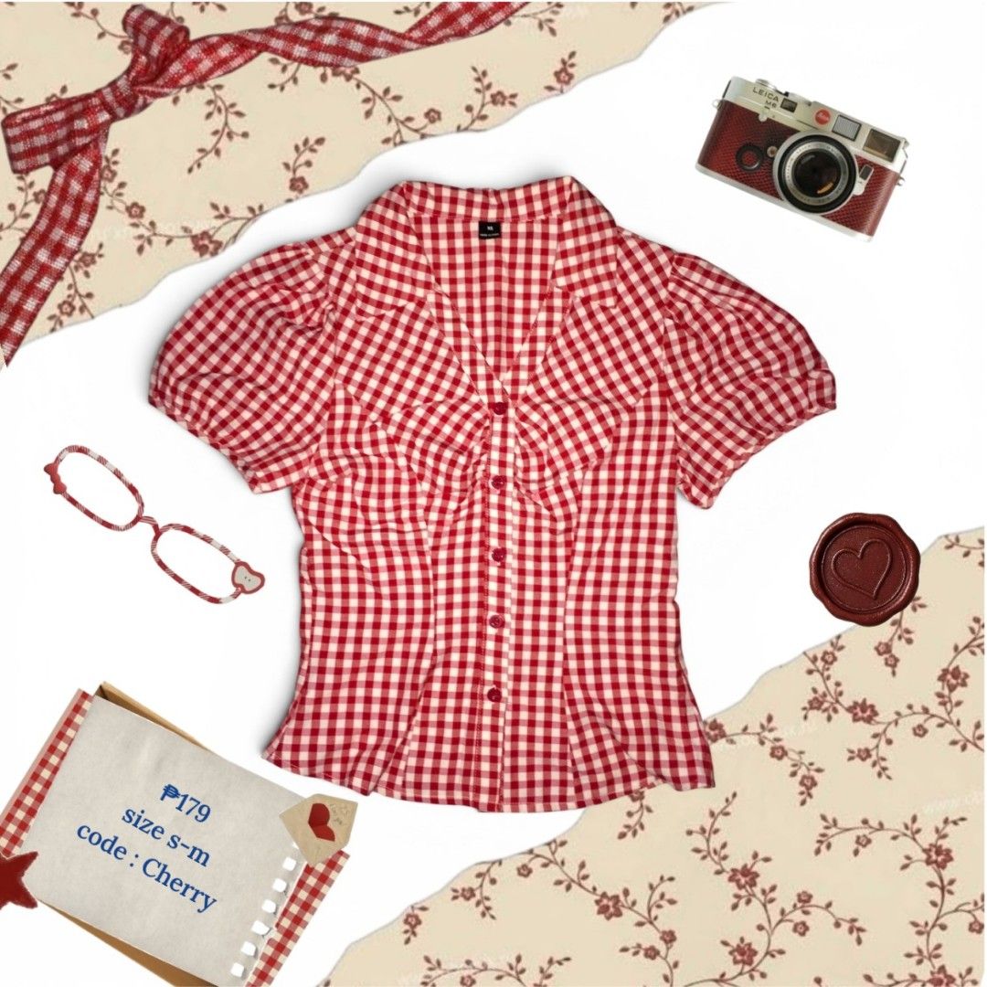 Red Gingham Puff Sleeve Button-Up Shirt (Category: Blouses) located in Manila. Submitted by viiyy_thrify (Listing ID 1460011184, Image 1). Description: ♡ DM me for more details ♡ Colors may slightly vary due to lighting ♡ Payment first / First to Pay basis ♡ No cancellation of orders ❗ ♡ Freebies included with every order! 🎀 ♡ Please manage your expectations — these are pre-loved items MOP: GCash / Bank Transfer MOD: J&T.