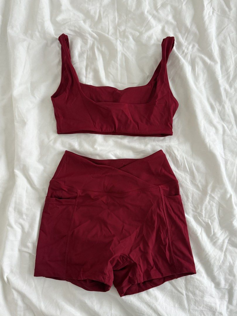 red workout set ❤️ (Category: Activewear) located in Mandaluyong City. Submitted by outofstoragewtf (Listing ID 1460026073, Image 2). Description: - used once - size S top and bottoms - will fit xs-s - gorgeous shade of red - super buttery soft seamless workout set.
