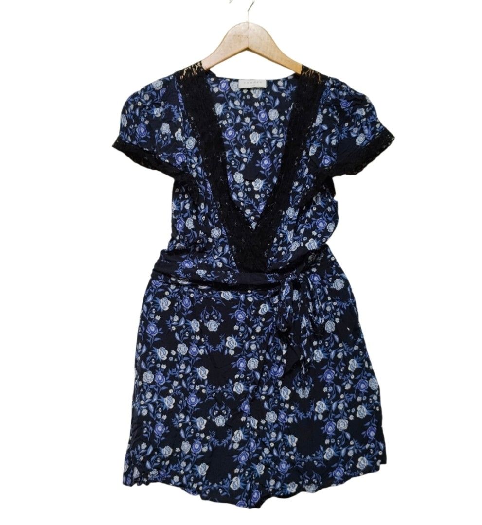 Sandro Navy Blue Printed Romper (Category: Dresses) located in Caloocan City. Submitted by modishthriftstore (Listing ID 1460037544, Image 3). Description: XS size 25 waistline light & Comfy material Snap button closure Low neckline with side pockets loc: Rainbow Village 5 North Caloocan.