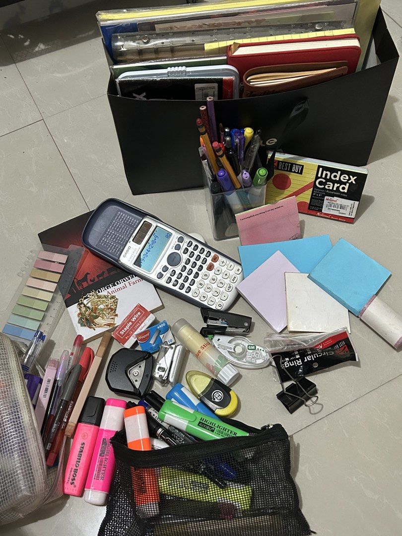 School supplies (Category: Stationery & School Supplies) located in Pasay City. Submitted by haxiea (Listing ID 1460096561, Image 1). Description: Includes: Notebook, index cards, some books, pens, highlighters, markers, etc. These are the stationaries I used for college, just graduated and wont be needing them anymore. BTW SELLING THE SCI CAL SEPARATELY!! Just included it in the pic just in case.