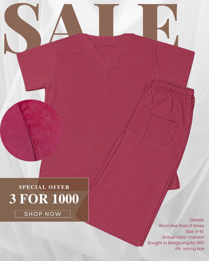 Scrub suit for nurse or uniform (Category: Sets or Coordinates) located in Quezon City. Submitted by fiona.vvn (Listing ID 1460059865, Image 2). Description: loc: QC size: Small to medium worn by female Rfs: decluttering TAKE ALL FOR 1K (with make up pfreebies) 💌 .