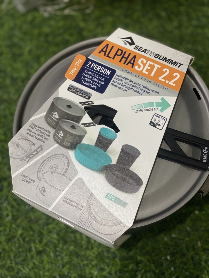 Sea to Summit Alpha 2.2 Compact Cook System 2 Person (Category: Cookware & Accessories) located in Manila. Submitted by malongnima87948 (Listing ID 1459903111, Image 3). Description: - Lightweight two-person cook system - Includes hard-anodized alloy pots and DeltaLight compact dinnerware - Unique patent-pending PIVOT-LOCK handles with safety lock - Easy flow strainer lid with silicone grip - BPA-free - Made in China.