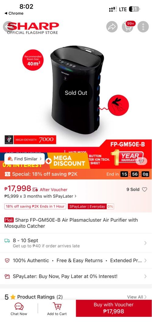 SHARP FP-GM50E-B Air Purifier with Mosquito Catcher (Category: Air Purifiers & Dehumidifiers) located in Bulacan. Submitted by markedson (Listing ID 1459900516, Image 3). Description: - Sharp FP-GM50E-B Air Purifier - Dual function: Air purification & Mosquito catcher - Advanced Plasmacluster Ion Technology - High-performance HEPA filter - Effective for rooms up to 40 sqm - Special Haze Mode for cleaner air - Enjoy a fresh, pest-free living space