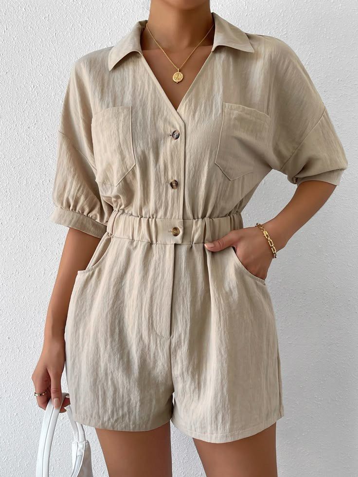 Shein Beige Linen Blend Button-Up Short Jumpsuit (Category: Jumpsuits) located in Las Pinas. Submitted by drecessionista (Listing ID 1460056207, Image 1). Description: - Casual and chic beige jumpsuit - Short sleeves with a collared neckline - Button-up front with cinched elastic waist - Two chest pockets and side pockets - Comfortable linen blend fabric - Ideal for a relaxed day out - Fits up to Large.