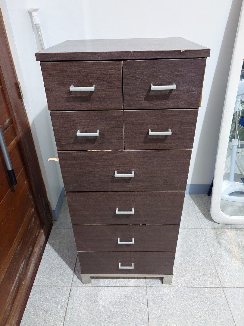 Slim drawer (bought from Japan Surplus) (Category: Shelves, Cabinets & Racks) located in Taguig. Submitted by ggreatfindsph (Listing ID 1460097887, Image 1). Description: Selling 6-layer slim drawer cabinet. Issue: Some laminate/edge peeling due to prolonged high humidity and had history of molds nung sunod sunod yung ulan, but still sturdy and functional. Selling as-is. I can send more pics upon request :) Dimensions: 19x45x16 inches Kayo po mag