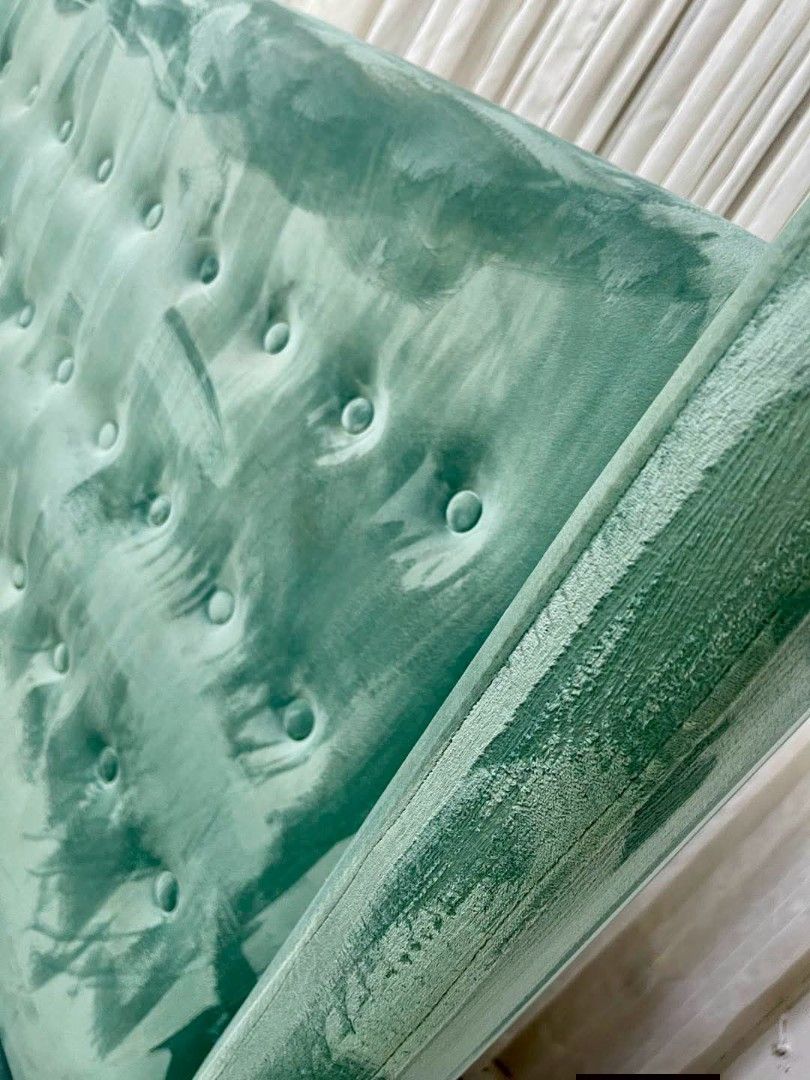Sofa (Category: Sofas) located in Meycauayan. Submitted by marygracecasimiro (Listing ID 1460070413, Image 3). Description: This is a mint green velvet two-seater wingback loveseat featuring a tall, button-tufted backrest. Dimension: L 57 x W 27 x H 49 Get this for only 10k💚.