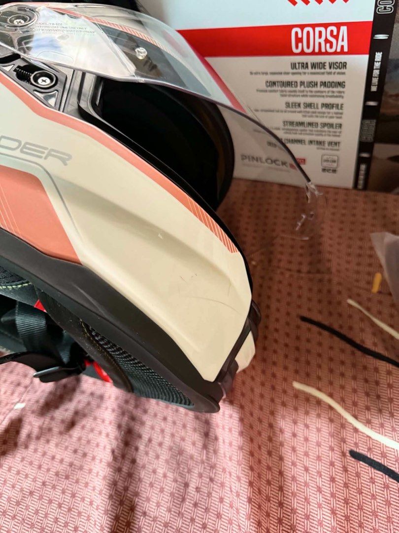 Spyder Corsa Motorcycle Helmet with Extra Visor (Category: Helmets and other Riding Gears) located in Manila. Submitted by fiercewind.83d126 (Listing ID 1459922689, Image 2). Description: - White Spyder Corsa Helmet - Includes installed clear visor + 1 additional clear visor - Comes with helmet bag and original box - Perfect for your motorcycle rides.