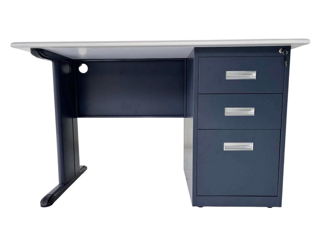 STEEL OFFICE TABLE▪️JAPAN SURPLUS (Category: Office Furniture & Fixtures) located in Mexico. Submitted by mgracejapansurplus (Listing ID 1460063364, Image 1). Description: NEW ARRIVAL▪️STEEL OFFICE TABLE▪️JAPAN SURPLUS ▪️Modern desk with white smooth top & dark blue/black metal frame ▪️ Right side: 3 stacked drawers with silver handles, top has lock ▪️Left: Single sturdy metal leg + cable hole cutout ▪️Sleek, functional, office-style design MEASU