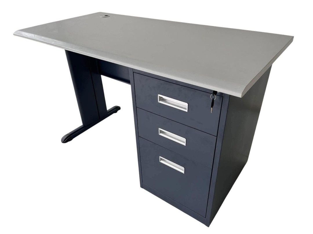 STEEL OFFICE TABLE▪️JAPAN SURPLUS (Category: Office Furniture & Fixtures) located in Mexico. Submitted by mgracejapansurplus (Listing ID 1460063364, Image 2). Description: NEW ARRIVAL▪️STEEL OFFICE TABLE▪️JAPAN SURPLUS ▪️Modern desk with white smooth top & dark blue/black metal frame ▪️ Right side: 3 stacked drawers with silver handles, top has lock ▪️Left: Single sturdy metal leg + cable hole cutout ▪️Sleek, functional, office-style design MEASU