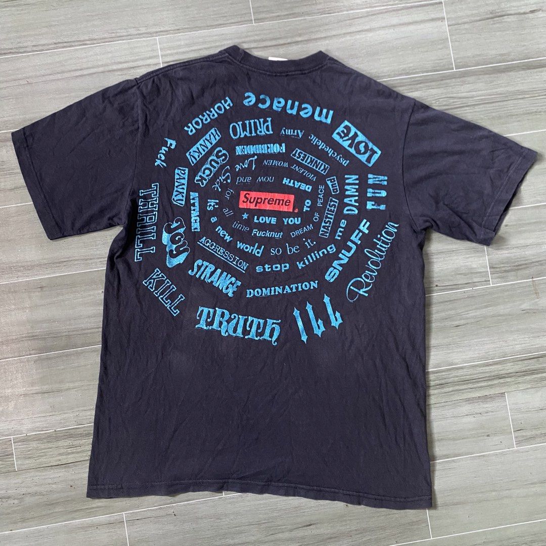 Supreme shirt (Category: Activewear) located in Cavite. Submitted by markie128 (Listing ID 1459901234, Image 2). Description: Supreme shirt Sz meduim 21.5z28 Good condition Crack prints issue 880 + SF 📌.