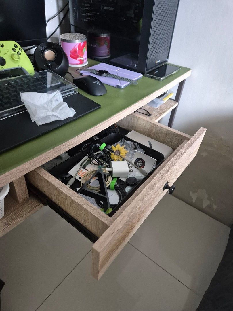 Table with Single Drawer (With Metal Legs) (Category: Tables & Sets) located in Las Pinas. Submitted by notadagencygirl (Listing ID 1460036038, Image 3). Description: TABLE WITH SINGLE DRAWER (METAL LEGS) - Bought from Our Home in 2017 at P8,500 - Has damages on tabletop but can be covered by desk mat - Strong metal legs - Has single drawer - Good for as study table, PC setups - Well-maintained and cleaned regularly RFS: Downsizing ⚠️ CONTENTS ON