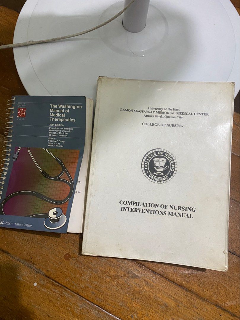 Take all for Nursing & Medtech Books (Category: Textbooks) located in Manila. Submitted by nicolezald25729 (Listing ID 1460072542, Image 1). Description: - The Washington Manual of Medical Therapeutics, 29th Edition - Compilation of Nursing Interventions Manual from UERM College of Nursing - Ideal reference materials for nursing students Take all Books P550.