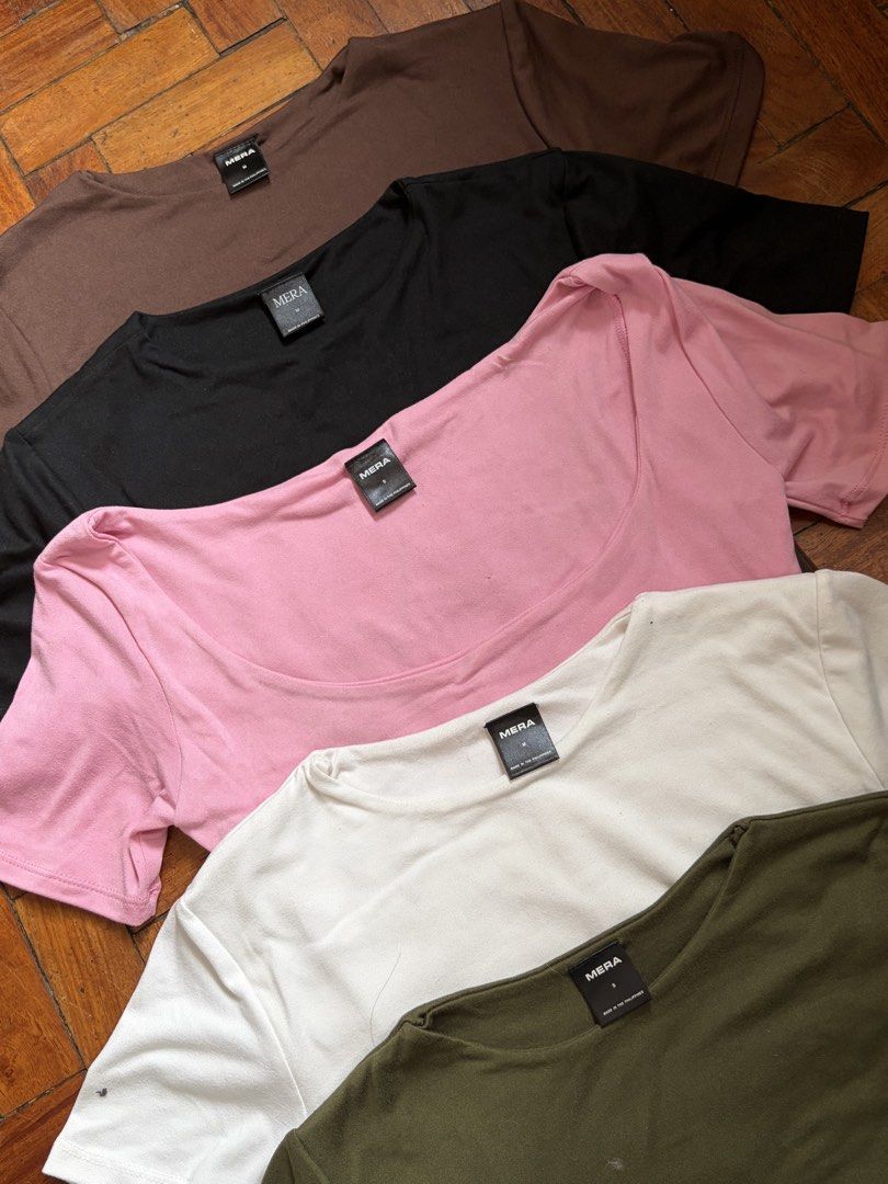 TAKE ALL Mera Basic Bundle (Category: Shirts) located in Makati City. Submitted by dmazing (Listing ID 1459983762, Image 1). Description: - all are either used once or never used - no flaws - fabric is v stretchable so could fit up to large includes: 1x Mera Martina 2x Mera Renata 2x Mera Regina .