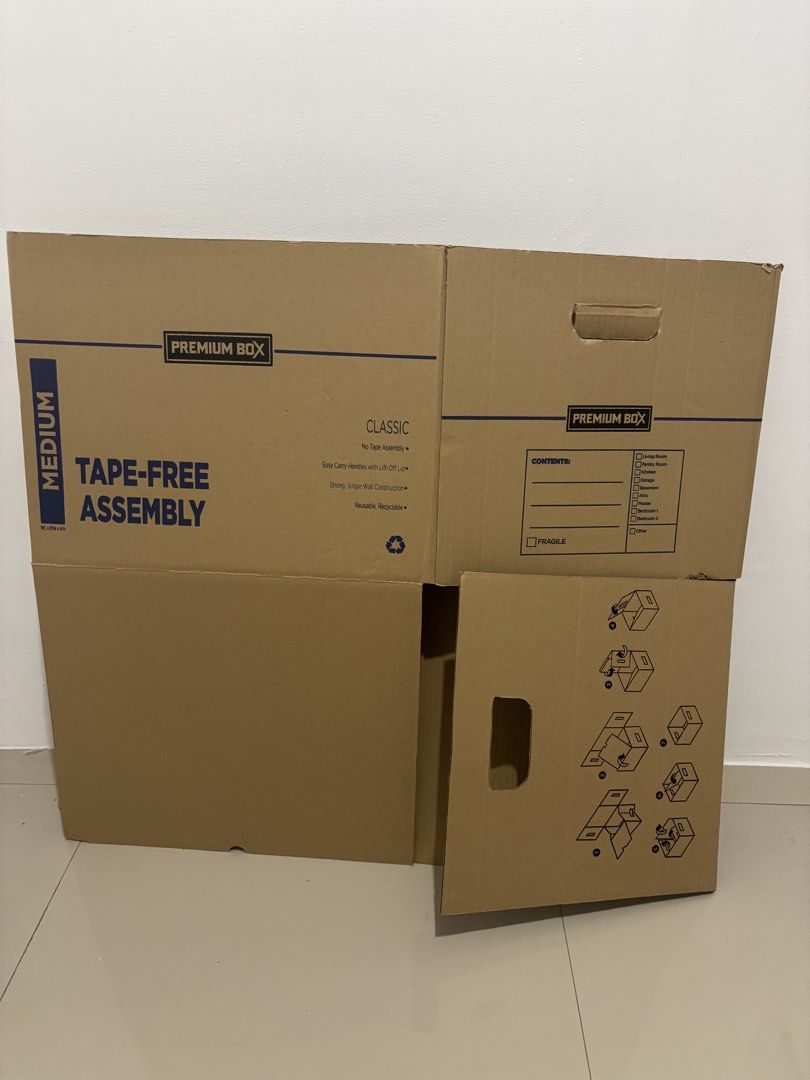 Tape-Free Assembly Moving Boxes (Category: Storage Boxes & Baskets) located in Manila. Submitted by irnsnchz (Listing ID 1460024713, Image 1). Description: - Tape-free assembly for quick packing/unpacking - Selling as a set of 2 medium and 1 small boxes - Easy carry handles and lift-off lids - Strong, single-wall construction - Reusable and recyclable - Ideal for moving house or storage PAYMENT METHODS: - BPI Bank Deposit/Transfer - Maya - GCash 