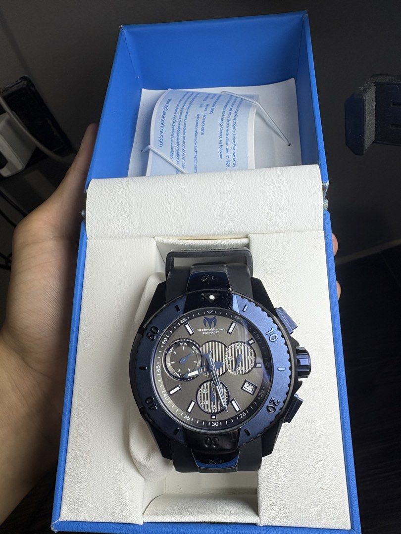 TechnoMarine TM-620002 Watch (Category: Men's Watches) located in Bocaue. Submitted by lanceloya0 (Listing ID 1459952750, Image 1). Description: - TechnoMarine Watch Model: TM-620002 - Features: Chronograph function with sub-dials - Color: Black case and strap - Water Resistance: 20ATM (200 meters) - Movement: Swiss parts - Crystal: Flame-fusion - Includes: Original box and manual 5500.