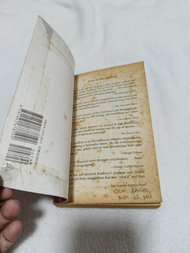 The Martian Chronicles by Ray Bradbury (Category: Storybooks) located in Quezon City. Submitted by prelovedbooks2026 (Listing ID 1459975034, Image 2). Description: Price: Final - Let's save each other's time Annotations (if any: written with a PERMANENT BALLPOINT PEN, that's why it's CHEAP) NO TO LOW BALLERS (BARAT). WE'RE LISTING OUR STUFF BECAUSE WE NEED TO. - Name inscribed inside the front cover - Minor discoloration and foxing on inside page