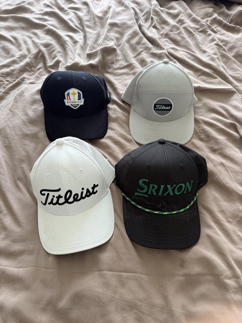 Titleist, Srixon, and Ryder Cup 2024 Golf Hats (Category: Caps & Hats) located in Cebu City. Submitted by takeitfrom.me (Listing ID 1459945207, Image 1). Description: - Set of 4 premium golf hats - Includes 2 Titleist hats (1 white, 1 grey) - 1 black Srixon hat with stylish rope detail - 1 black Ryder Cup 2024 commemorative hat - Ideal for any golf lover or collector.