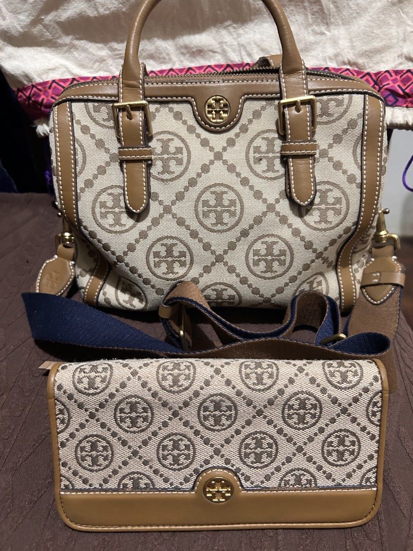 Tory burch bag and wallet (Category: Luxury Bags & Wallets) located in Manila. Submitted by just4_kikays (Listing ID 1459905160, Image 1). Description: Brand: Tory Burch * Style: Robinson Double Zip Tote / similar Robinson logo-jacquard version * Color: Beige/cream with tan/caramel leather trim * Material: Logo jacquard fabric/canvas with leather trim * Hardware: Gold-tone/brass * Closure: Top zipper * Handles: Two leather top handles * Shoulder 