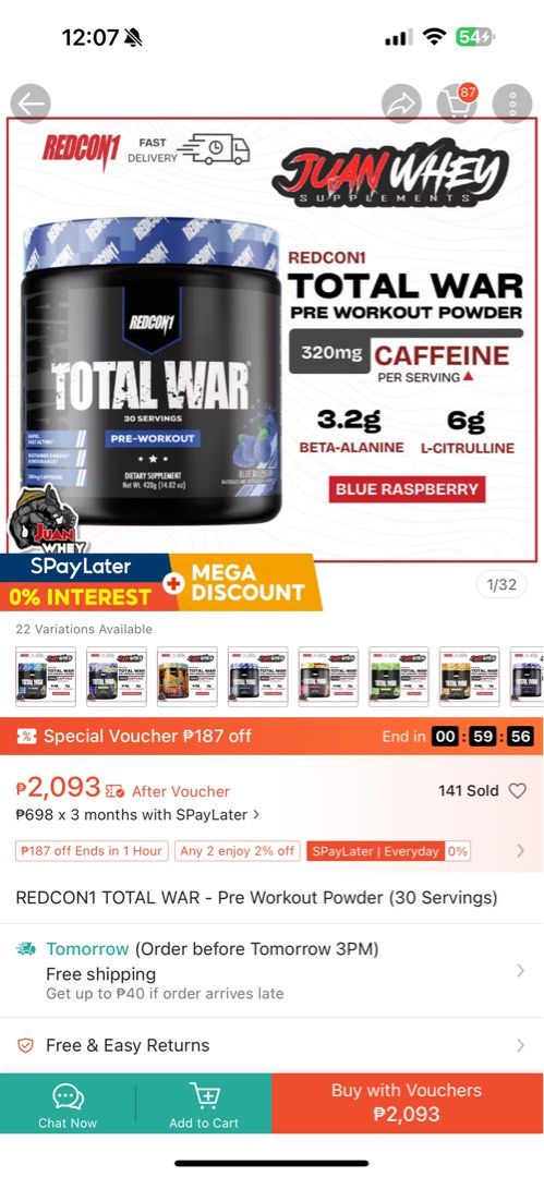 Total War PreWorkout - Blue Raspberry (Category: Sports & Fitness Nutrition) located in Manila. Submitted by liiyaanj (Listing ID 1459944078, Image 3). Description: Brandnew and Sealed. Grab yours now! Selling for P1,800 each tub (Below Srp! @2k+) Expiration: 04/2028 Loc: Pasig, Tiendesitas Area Shipment can be made thru lalamove, lbc, Jnt or ur preffered (buyer shoulders shipment fee) RFS: Extra Orders/Multiple Stock.