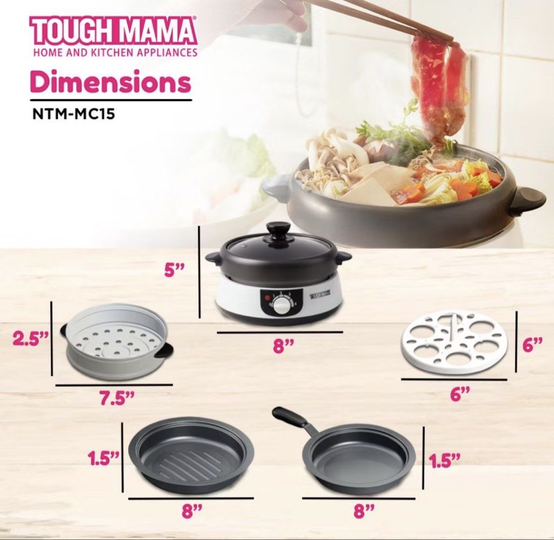 Tough Mama NTM-MC15 8-in-1 Stackable Multicooker (Category: Cookware & Accessories) located in Pasig City. Submitted by jointeamqu40916 (Listing ID 1460002011, Image 2). Description: - Tough Mama Multicooker: Your kitchen helper for busy mornings! - Versatile Cooking: Steam, grill, fry, and cook all in one. - Space-Saving Design: Stackable for easy storage. - Capacity & Power: 1.5 liter capacity, 600 watts. - Comes with Accessories: Multiple atta
