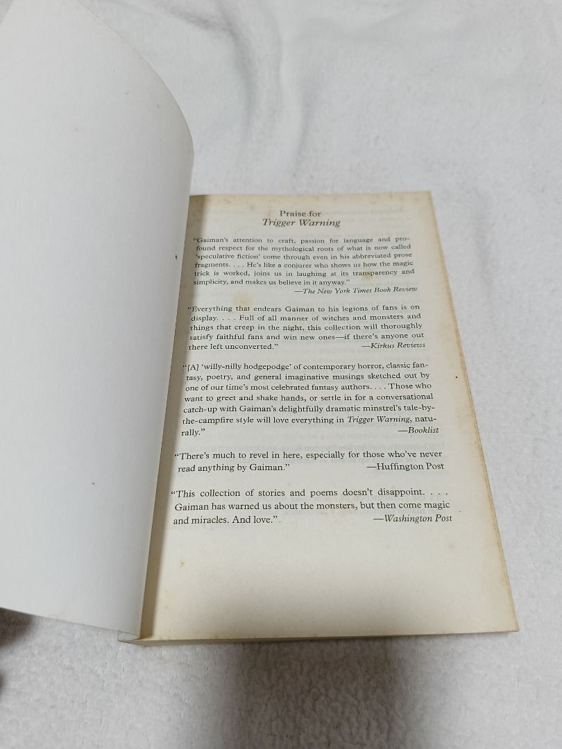 Trigger Warning by Neil Gaiman (Category: Storybooks) located in Quezon City. Submitted by prelovedbooks2026 (Listing ID 1459978527, Image 2). Description: Price: Final - Let's save each other's time Annotations (if any: written with a PERMANENT BALLPOINT PEN, that's why it's CHEAP) NO TO LOW BALLERS (BARAT). WE'RE LISTING OUR STUFF BECAUSE WE NEED TO. - Name inscribed inside the front cover - Minor discoloration and foxing on inside pages and ed