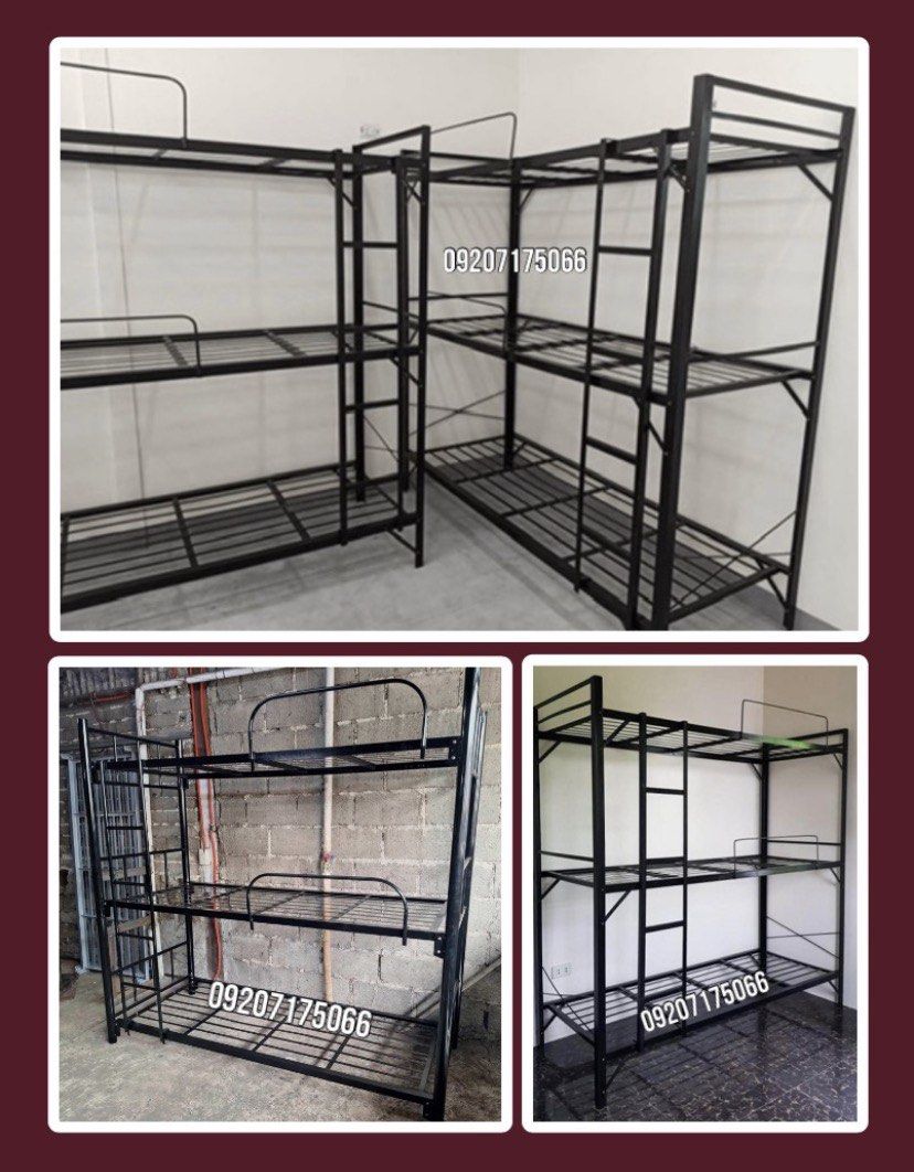 Triple deck bed frame (Category: Bed Frames & Mattresses) located in Las Pinas. Submitted by felix.morco (Listing ID 1460046222, Image 1). Description: SUPPLIER AND MANUFACTURER •HEAVY DUTY AND BRAND NEW ITEMS HOME FURNITURES SINGLE DECK (MILITARY FLAT BAR) •30”x75” = P1,600 •36”x75” = P1,800 •42”x75” = P2,700 •48”x75” = P3,000 •54”x75” = P3,400 SINGLE DECK (TUBE TYPE) •30”x75” = P2,200 •36”x75” = P2,500 •48”x75” = P2,800 •54”x75” = P3,200 •60”x7