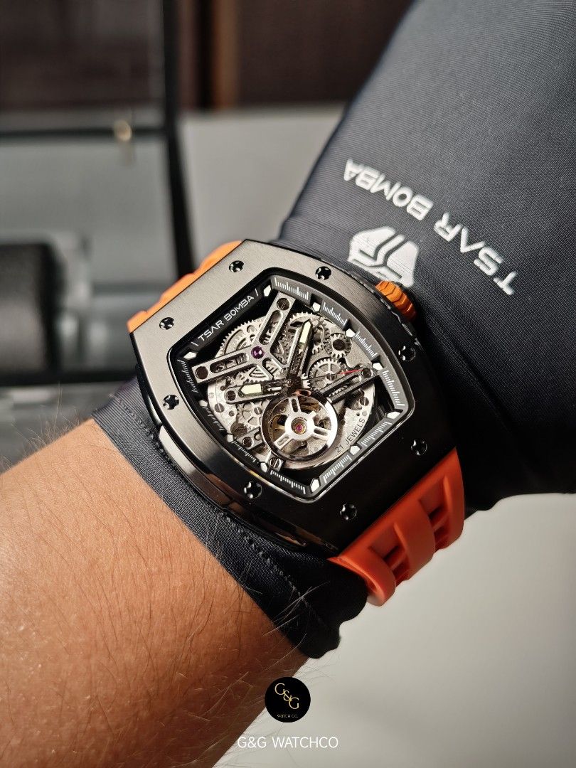 Tsar Bomba TB8228A McLaren Orange (Category: Luxury Watches) located in Bacoor. Submitted by gandgwatchco. (Listing ID 1460035712, Image 1). Description: Tsar Bomba Elemental TB8228A 44mm snugfit slimmer Automatic Calibre 82S0 5ATM water resistant 316L stainless steel Sapphire glass Alphaluminex lumes Wrist reference 6 inches! Perfect for 6-8 inches can be also for 5.5 Brand new - Complete - Double box - Warranty Card - Manual - Watch Cleaner.