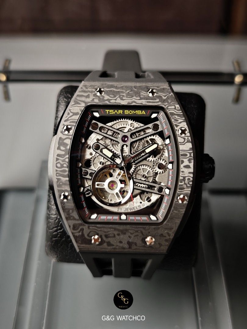 Tsar Bomba TB8228CF Black Carbon (Category: Luxury Watches) located in Bacoor. Submitted by gandgwatchco. (Listing ID 1460035012, Image 2). Description: Tsar Bomba Elemental TB8228CF 44mm snugfit slimmer Automatic Calibre 82S0 5ATM water resistant Carbon ntpt bezel 316l ssc Sapphire glass Alphaluminex lumes Wrist reference 6 inches! Perfect for 6-8 inches can be also for 5.5 Cf Brand new - Complete - Double box - Warranty Card - Manual - Watch Cl