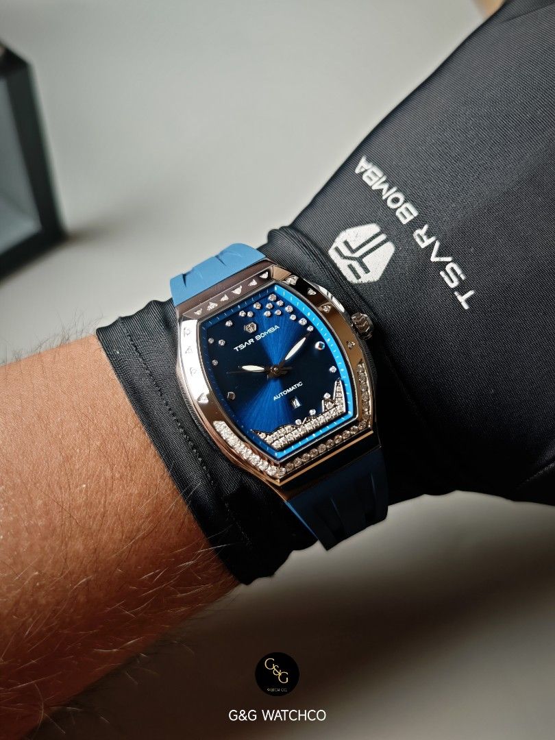 Tsar Bomba TB8233LG Deep Ocean Blue (Category: Luxury Watches) located in Bacoor. Submitted by gandgwatchco. (Listing ID 1460038083, Image 1). Description: Tsar Bomba TB8233LG Lumina Real Diamonds 35mm 316L Stainless steel casing 78 inlaid real diamonds 70grams light weight Automatic movement 5ATM Water resistant Quick release strap Complete set - Brand-new Double Box, Warranty Card, Watch cloth, Tote bag, manuals.