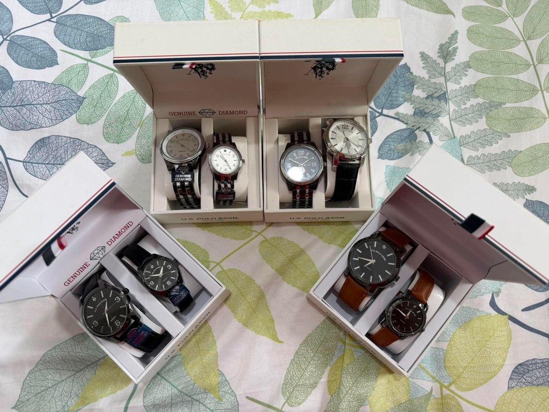 U.S. Polo Assn. Genuine Diamond Watch Sets (4 Sets) (Category: Women's Watches) located in Antipolo. Submitted by ritzkenzo_olshop06 (Listing ID 1459965821, Image 1). Description: - Selling 4 sets of U.S. Polo Assn. watches. - Each set contains 2 watches. - Some sets feature genuine diamonds. - Ideal for gifts or couples. - All watches come in their original boxes..
