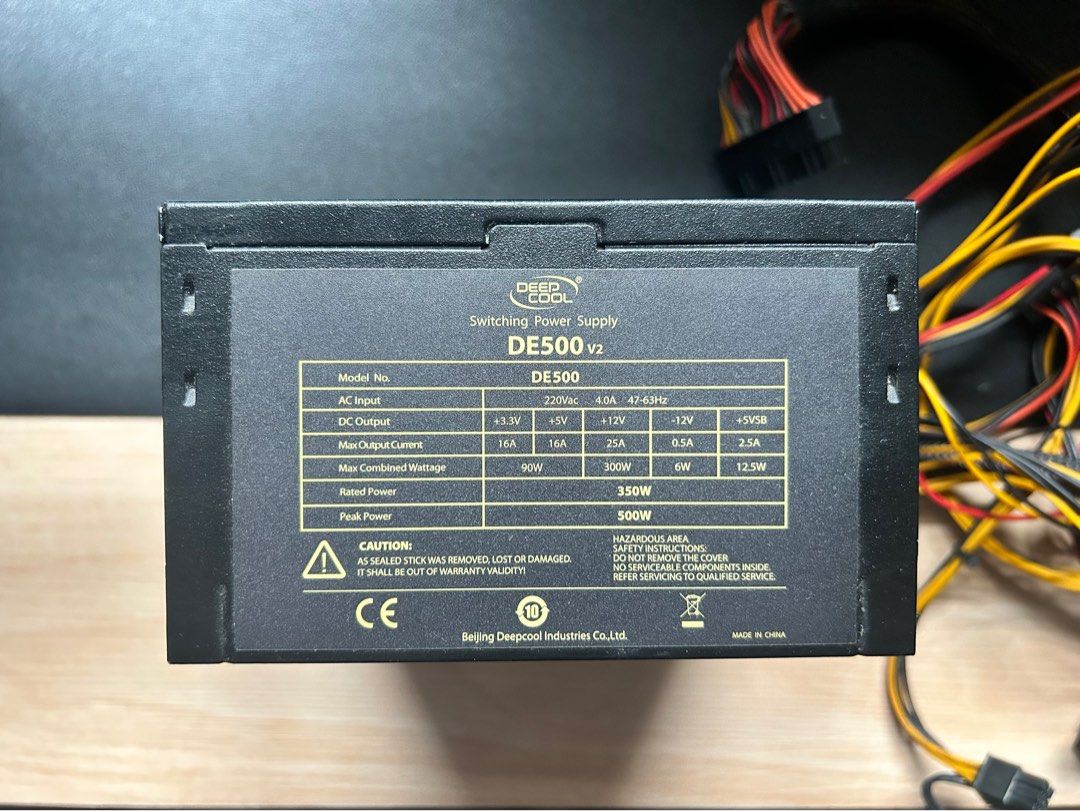 (Used) Deepcool DE500 powersupply (Category: Computer Parts) located in Manila. Submitted by raymondv. (Listing ID 1459989436, Image 1). Description: Deepcool DE500 550 fixed Bought bnew back in 2020 No box Okay pa naman wirings Used for: - Ryzen 3 3200g - Rx570 4gb - B450m pro 4f - 16gb ram Issue: - Nagkaissue yung button recent lang, hindi na ooff pero naayos din naman - medyo madumi - Aging PSU buy at your own risk RFS: Recently upgraded to 65