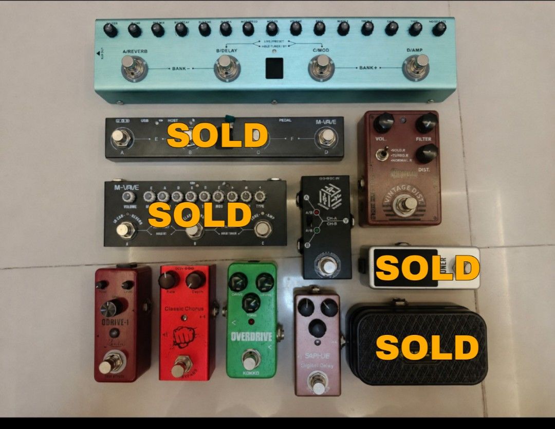 Various Guitar Effects (Multieffects and Analog) (Category: Musical Instruments) located in Quezon City. Submitted by jaybazaarofficial (Listing ID 1458083362, Image 1). Description: PLEASE READ Selling my digital and analog effects — either as set or per piece. Most are brand new, others are only used once or twice. You can check the prices (per piece) below. MULTIEFFECTS ̶Tank G (brand new) = 2,500 Choclolate Plus V2 (brand new) = SOLD Mvave Cu
