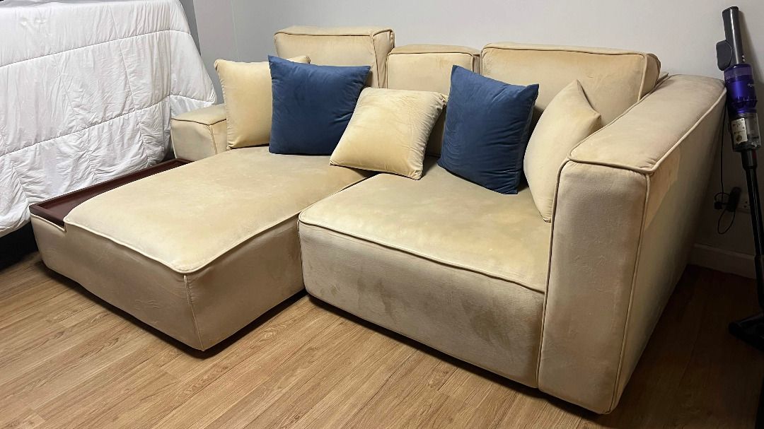 Velvet Sofa w Side Table (Category: Sofas) located in Las Pinas. Submitted by zatch__ (Listing ID 1460042779, Image 3). Description: Selling for a friend Custom denise velvet couch with integrated mahogany hardwood side table. Less than 2 years old but still very clean. Will be deep cleaned before pickup. Buyer shoulders shipping 210cm x 80cm x 150cm Custom made by Undo Home Original Price: ₱75,000 Selling Price: ₱35,000 PM if interested .