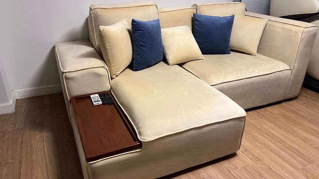 Velvet Sofa w Side Table (Category: Sofas) located in Las Pinas. Submitted by zatch__ (Listing ID 1460042779, Image 2). Description: Selling for a friend Custom denise velvet couch with integrated mahogany hardwood side table. Less than 2 years old but still very clean. Will be deep cleaned before pickup. Buyer shoulders shipping 210cm x 80cm x 150cm Custom made by Undo Home Original Price: ₱75,000 Selling Price: ₱35,000 PM if interested .