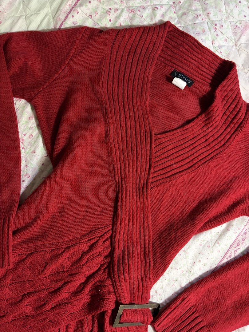 VENUS Red Wrap-Front Cable Knit Sweater (Category: Longsleeves) located in Muntinlupa City. Submitted by herellas0504 (Listing ID 1460042161, Image 3). Description: VENUS Red Wrap-Front Cable Knit Sweater Mine: 250 | Lock: 350 xs-med no issue, good as new! willing to keep!.