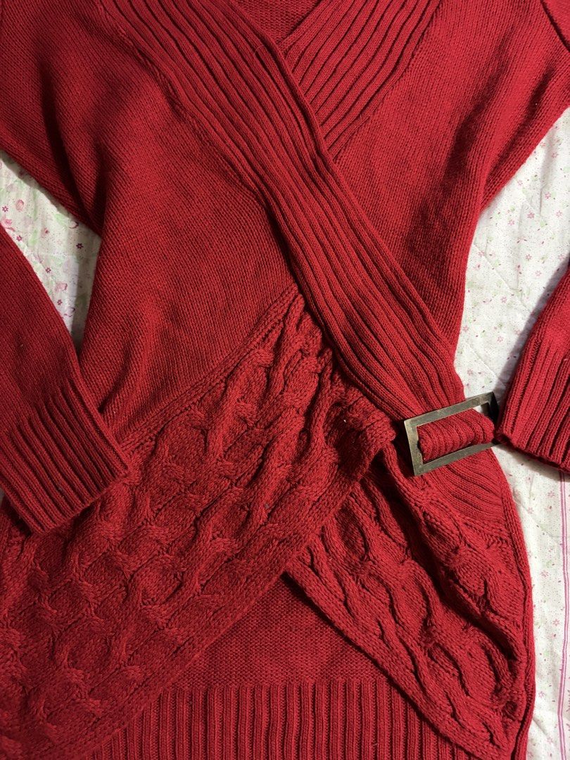 VENUS Red Wrap-Front Cable Knit Sweater (Category: Longsleeves) located in Muntinlupa City. Submitted by herellas0504 (Listing ID 1460042161, Image 2). Description: VENUS Red Wrap-Front Cable Knit Sweater Mine: 250 | Lock: 350 xs-med no issue, good as new! willing to keep!.