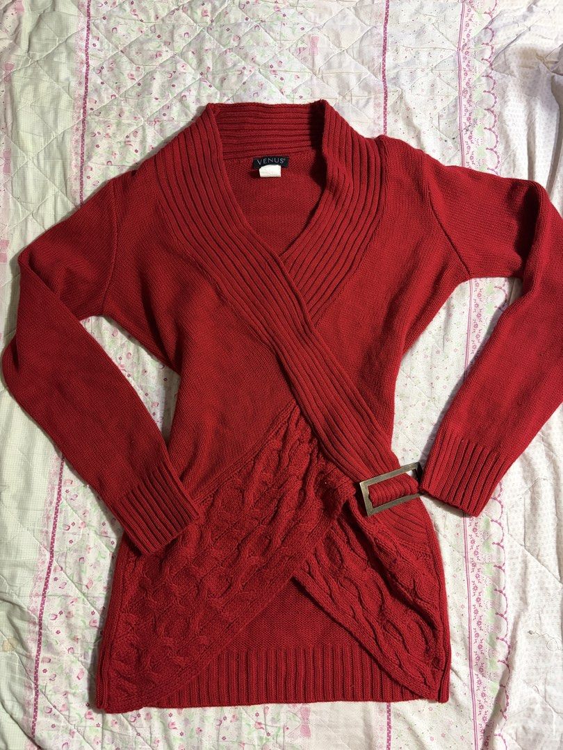 VENUS Red Wrap-Front Cable Knit Sweater (Category: Longsleeves) located in Muntinlupa City. Submitted by herellas0504 (Listing ID 1460042161, Image 1). Description: VENUS Red Wrap-Front Cable Knit Sweater Mine: 250 | Lock: 350 xs-med no issue, good as new! willing to keep!.