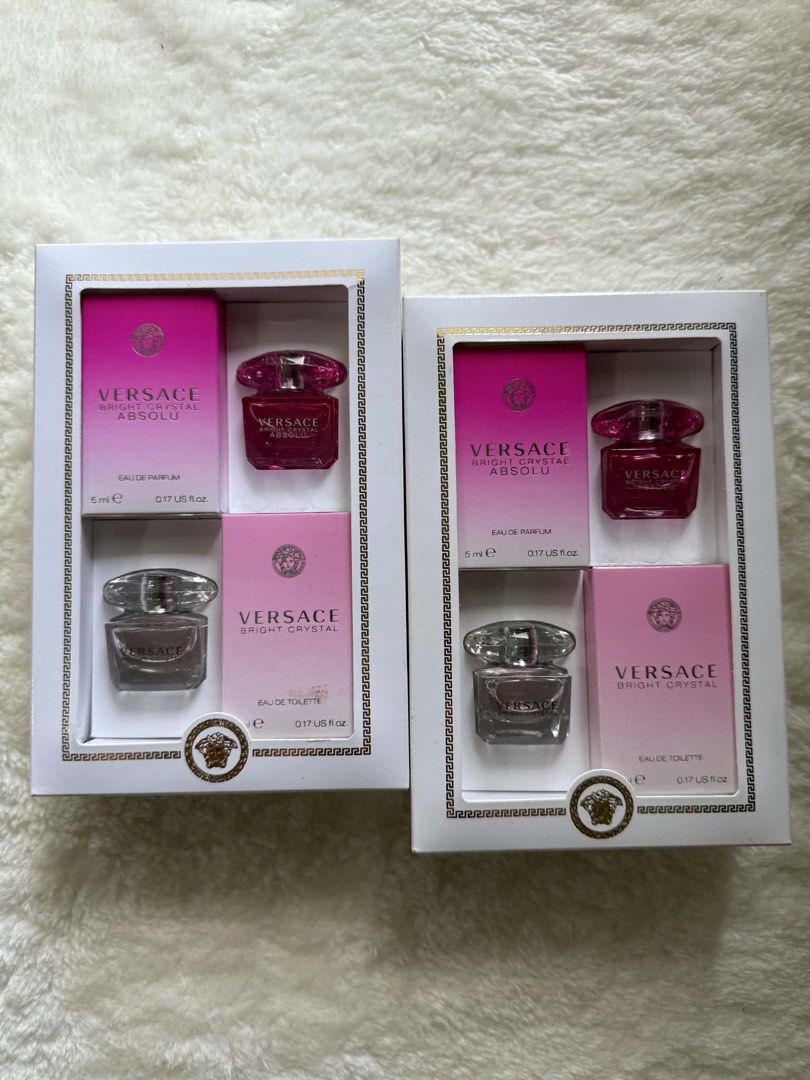 Versace Bright Crystal & Absolu Mini Perfume Gift Set (Category: Fragrance & Deodorants) located in Antipolo. Submitted by ritzkenzo_olshop06 (Listing ID 1459968278, Image 1). Description: - Two Versace mini perfume gift sets available. - Set 1: Bright Crystal Eau de Toilette (5ml / 0.17 US fl.oz) - Set 2: Bright Crystal Absolu Eau de Parfum (5ml / 0.17 US fl.oz) - Ideal for travel or sampling scents. - Brand new, unopened condition..