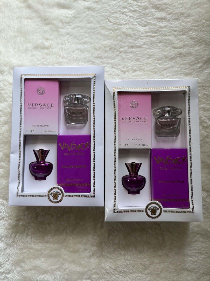 Versace Bright Crystal & Dylan Purple Mini Perfume Gift Set (Category: Fragrance & Deodorants) located in Antipolo. Submitted by ritzkenzo_olshop06 (Listing ID 1459968385, Image 1). Description: - Two Versace mini perfume gift sets (2 x 5ml each). - Set 1: Bright Crystal Eau de Toilette (5ml). - Set 2: Dylan Purple Eau de Parfum (5ml). - Both sets are brand new and sealed. - Ideal for travel or trying out these popular Versace scents..
