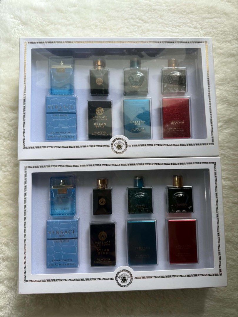 Versace Mini Perfume Gift Set for Men (Category: Fragrance & Deodorants) located in Antipolo. Submitted by ritzkenzo_olshop06 (Listing ID 1459967769, Image 1). Description: - Authentic Versace Men's Mini Perfume Gift Set - Includes 4 different, popular scents - Ideal for travel or sampling new fragrances - Compact and portable bottles - Brand new, sealed, and never used - Makes a fantastic gift for any man.