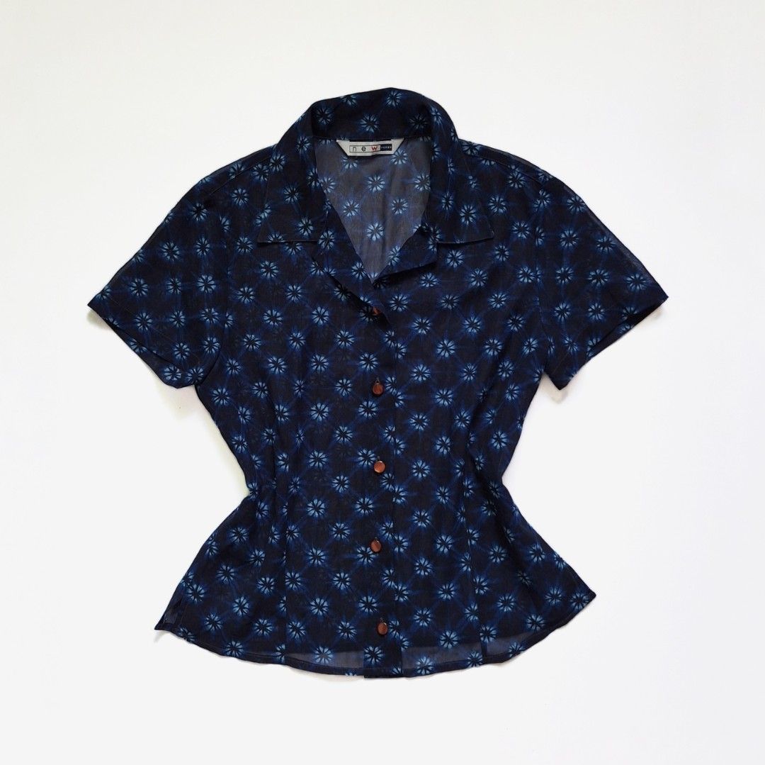 Vintage 90s Navy Blue Sheer Top (Category: Blouses) located in Tarlac. Submitted by cheesecaakee (Listing ID 1460082353, Image 1). Description: size: s-m price + sf mop: gcash mod: j&t.